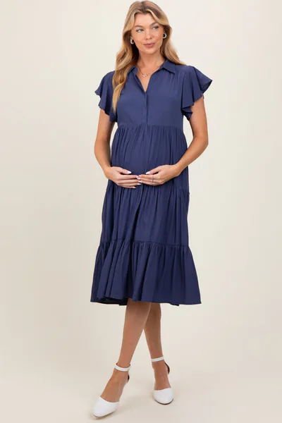 PinkBlush Navy Blue Ruffle Sleeve V-Neck Tiered Maternity Midi Dress