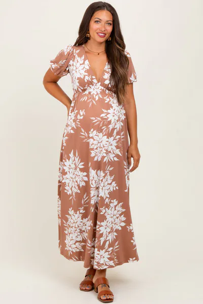 PinkBlush Mocha Floral Print Short Sleeve V-Neck Maternity Maxi Dress
