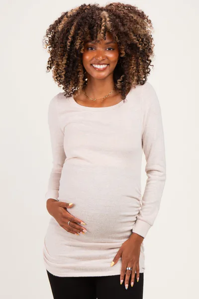 PinkBlush Beige Soft Knit Ruched Maternity Top