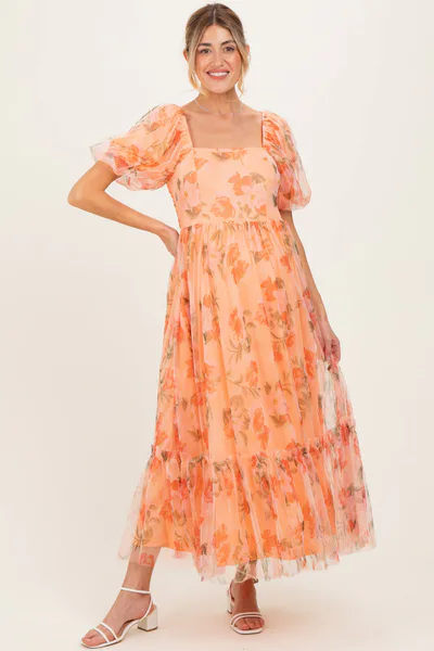 PinkBlush Peach Floral Maternity Midi Dress