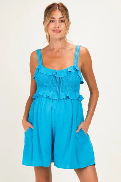 PinkBlush Blue Embroidered Ruffle Accent Maternity Romper