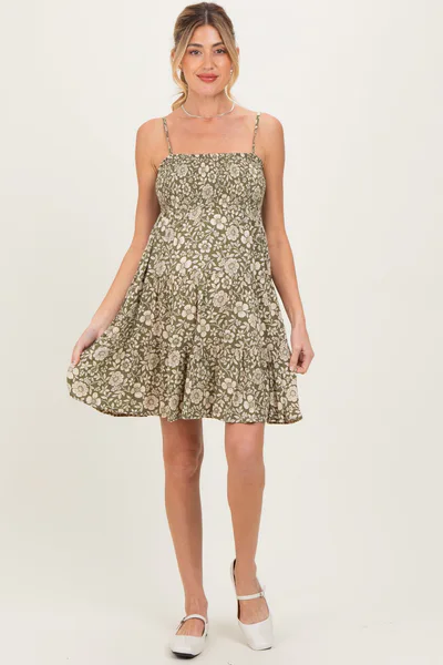 PinkBlush Olive Floral Smocked Sleeveless Maternity Mini Dress