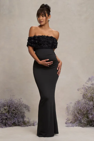 Club L London Inflorescence | Black Mesh Floral Bardot Maternity Maxi Dress