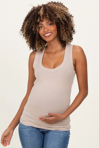 PinkBlush Beige Ribbed Scoop Neck Maternity Tank Top