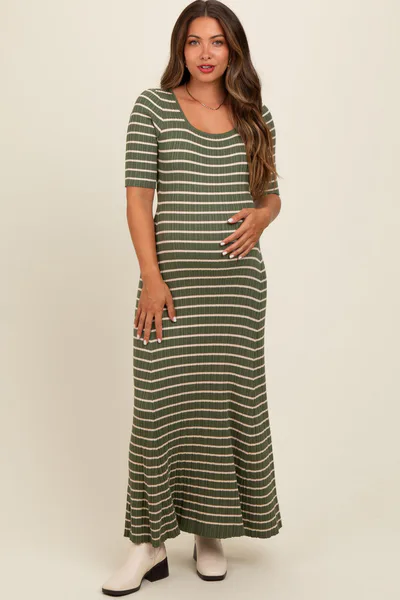 PinkBlush Olive Striped Ribbed Short Sleeve Maternity Maxi Dress