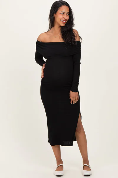 PinkBlush Black Off Shoulder Ruched Side Slit Maternity Midi Dress