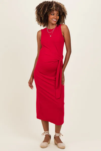 PinkBlush Fuchsia Sleeveless Waist Tie Maternity Midi Dress