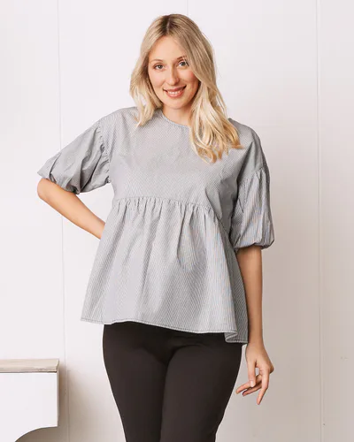 Angel Maternity Brigitte Maternity Cotton Blouse Top - Grey/White Stripe