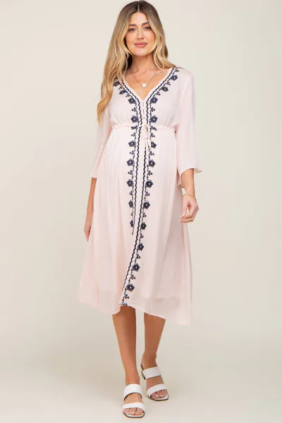 PinkBlush Light Pink Floral Embroidered 3/4 Sleeve Maternity Midi Dress