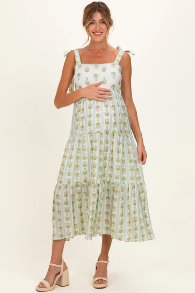 PinkBlush Sage Striped Floral Shoulder Tie Maternity Midi Dress