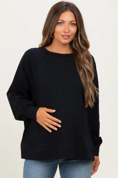 PinkBlush Black Oversized Cotton Slub Long Sleeve Maternity Top