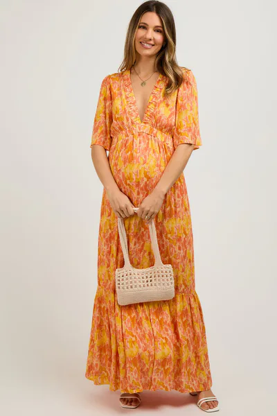 PinkBlush Orange Print Back Cutout Maternity Maxi Dress