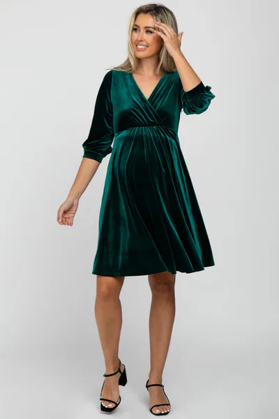 PinkBlush Green Velvet Wrap Front Babydoll Maternity Dress