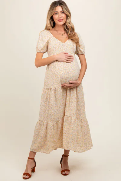 PinkBlush Yellow Ditsy Floral Tiered Maternity Midi Dress