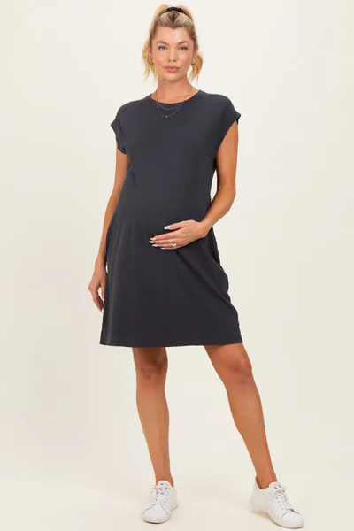 PinkBlush Charcoal Garment Washed Casual Capped Sleeve Maternity Dress