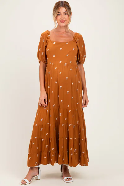 PinkBlush Sepia Embroidered Tiered Maternity Maxi Dress