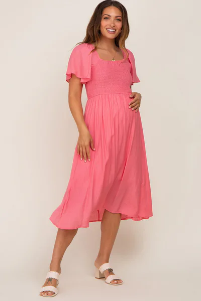 PinkBlush Coral Smocked Square Neck Flutter Short Sleeve Maternity Midi Dress