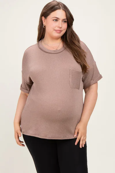 PinkBlush Mocha Plus Raised Rib Short Sleeve Front Pocket Maternity Top