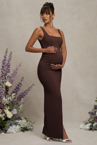 Club L London Avril | Brown Square Neck Maternity Maxi Dress with Split
