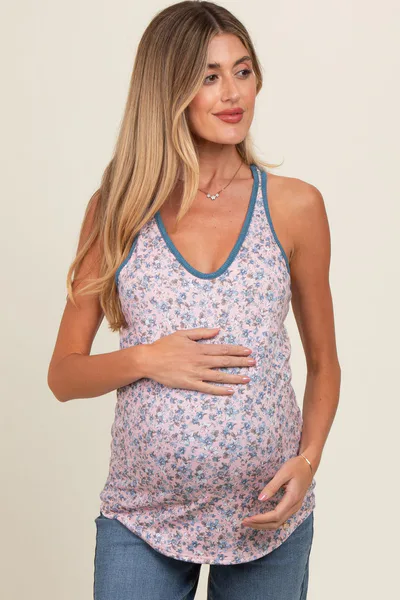 PinkBlush Light Pink Floral V-Neck Maternity Tank Top
