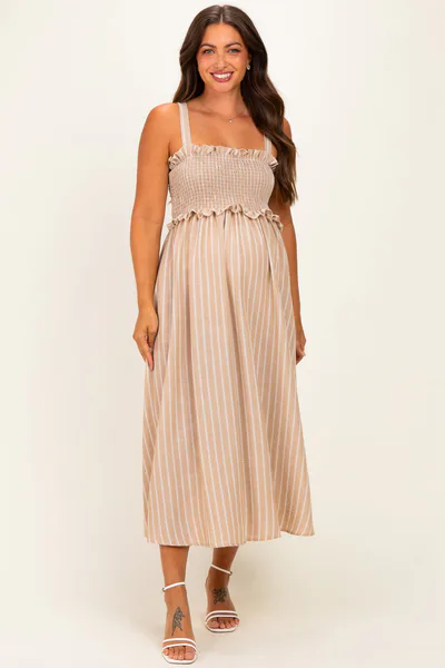 PinkBlush Taupe Sleeveless Smocked Striped Maternity Maxi Dress
