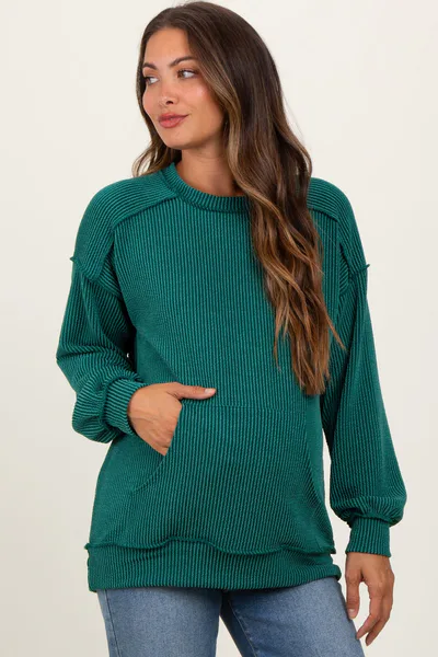 PinkBlush Forest Green Ribbed Knit Front Pocket Maternity Pullover