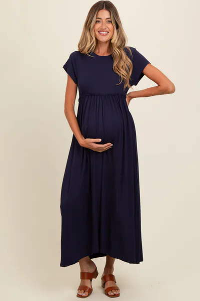 PinkBlush Navy Ruffle Trim Maternity Maxi Dress