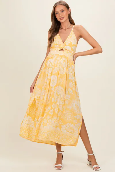 PinkBlush Yellow Floral Twisted Front Maternity Maxi Dress
