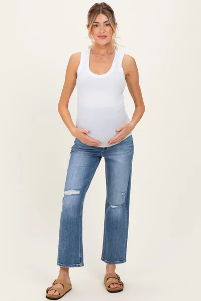 PinkBlush Blue Distressed Open Knee Ankle Straight Leg Maternity Jeans