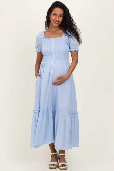 PinkBlush Light Blue Smocked Button Down Maternity Maxi Dress