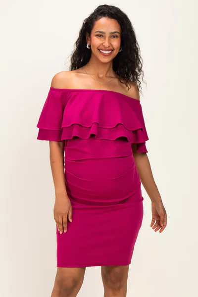 PinkBlush Magenta Off Shoulder Ruched Maternity Dress
