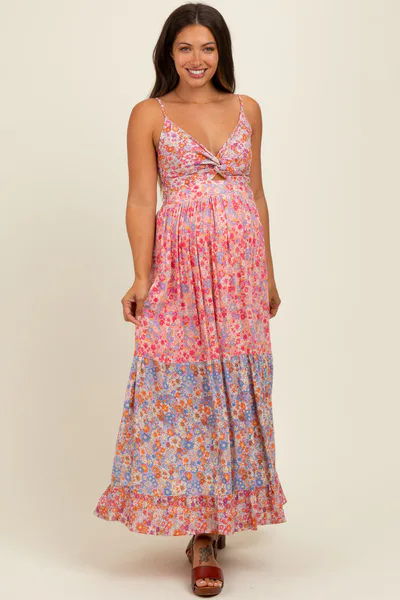 PinkBlush Pink Floral Twist Front Cut Out Tiered Maternity Maxi Dress