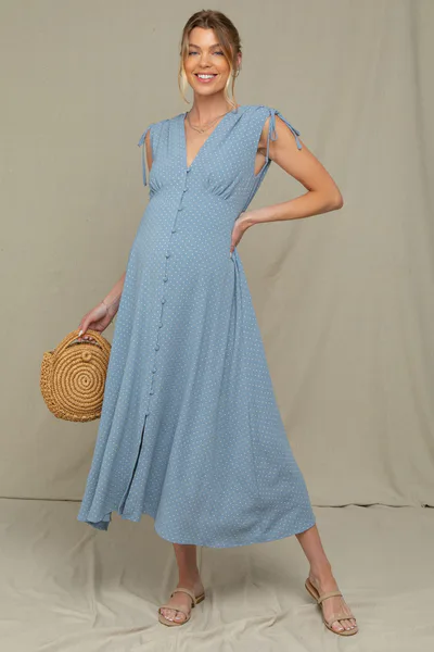 PinkBlush Blue Button-Down Polka Dot Shirred Bow Maternity Midi Dress
