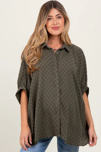 PinkBlush Olive Checker Print Short Sleeve Oversized Maternity Blouse