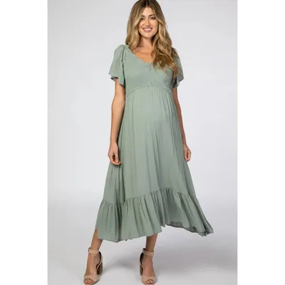 Target Pinkblush Light Olive Smocked V-Neck Maternity Midi Dress Large