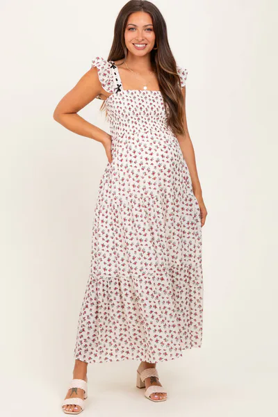 PinkBlush Red Floral Bow Trim Lace Detail Smocked Maternity Maxi Dress
