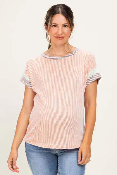 PinkBlush Coral Rib Color Block Short Sleeve Maternity Top