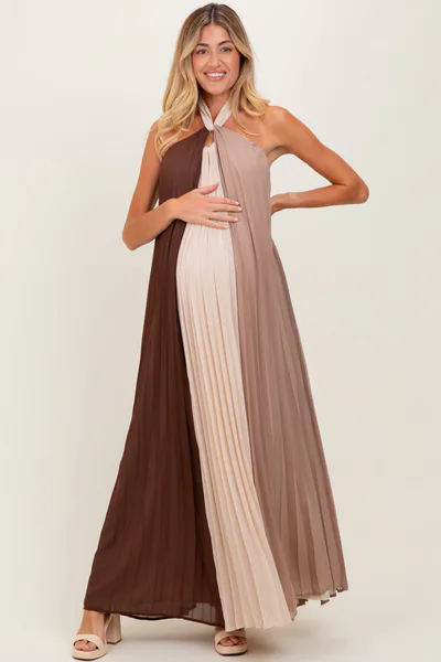 PinkBlush Brown Colorblock Pleated Halter Neck Maternity Maxi Dress