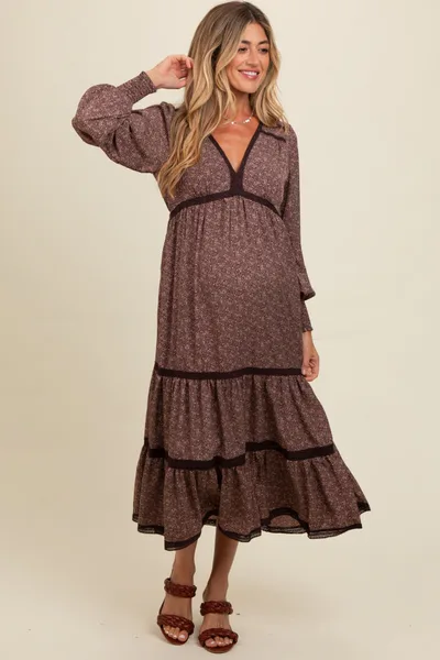PinkBlush Brown Floral Lace Trim Bubble Sleeve Maternity Maxi Dress