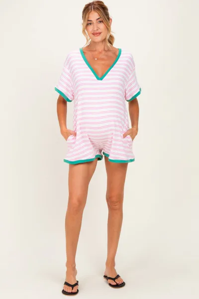 PinkBlush Light Pink Waffle Knit V-Neck Short Sleeve Maternity Romper