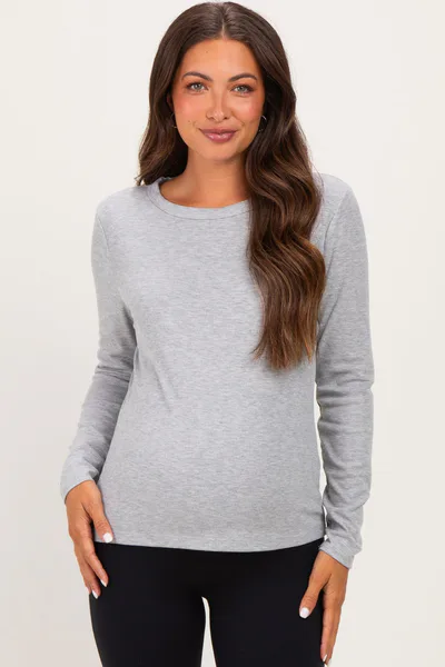 PinkBlush Heather Grey Fitted Ribbed Maternity Long Sleeve