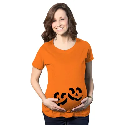 Target Maternity Twin Pumpkin Faces T Shirt Cute Halloween Jack-O-Lantern Pregnancy Tee - Crazy Dog Maternity T Shirt For Halloween Season Orange S