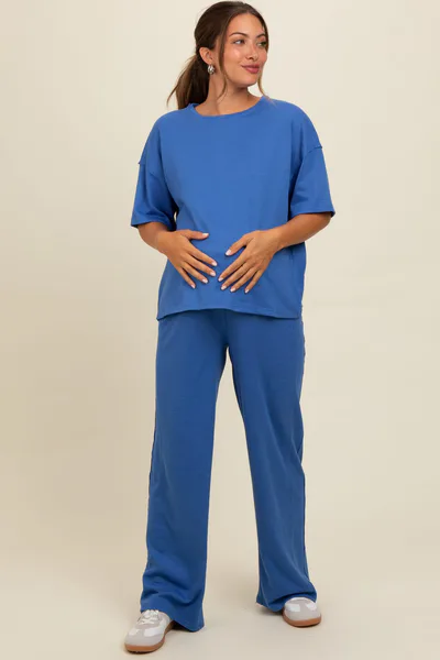 PinkBlush Blue Textured Knit Oversized Tee And Pants Maternity Set