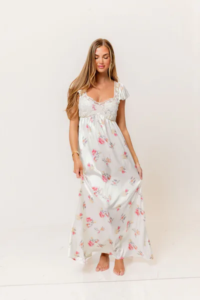 Worth Collective Ryan Lace Bodice Cutout Maxi Dress in Cream Floral - Bump Friendly