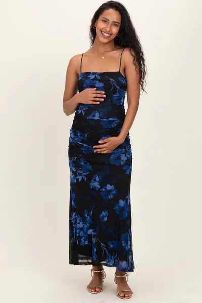 PinkBlush Black Floral Ruched Mesh Maternity Maxi Dress