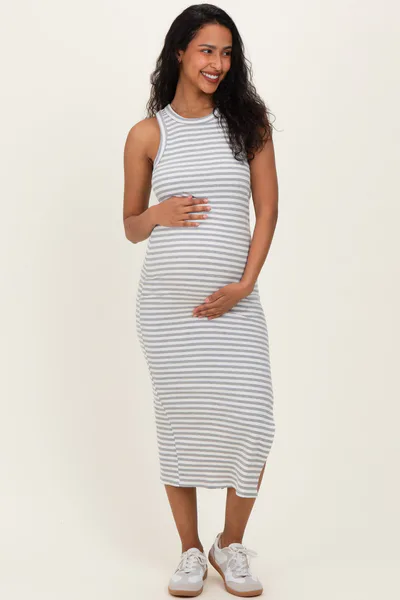 PinkBlush Heather Grey Striped Side Slit Maternity Tank Dress