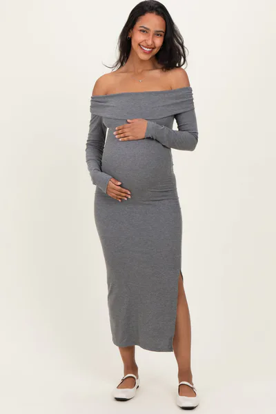 PinkBlush Charcoal Off Shoulder Ruched Side Slit Maternity Midi Dress