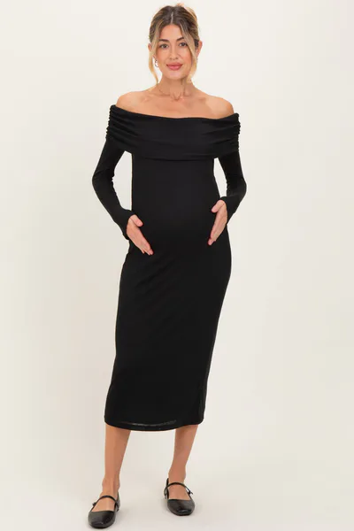 PinkBlush Black Off Shoulder Long Sleeve Maternity Maxi Dress