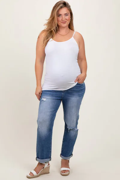 PinkBlush Navy Rolled Hem Distressed Straight Leg Maternity Plus Jeans