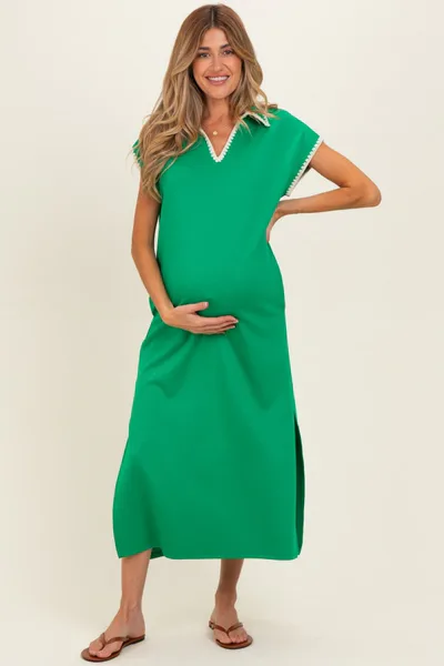 PinkBlush Green Stitch Detail Collared Maternity Midi Dress